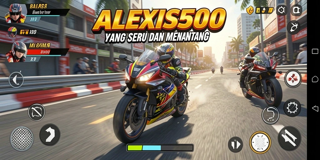 Tampilan gameplay ALEXIS500 dengan balapan motor yang mendebarkan.