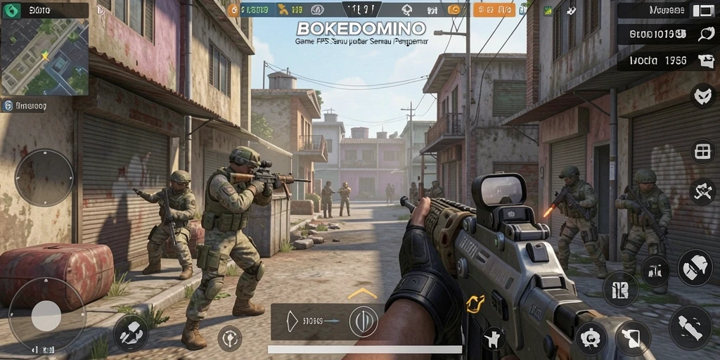 Tangkapan layar permainan BOKEDOMINO yang menampilkan aksi FPS yang mendebarkan.