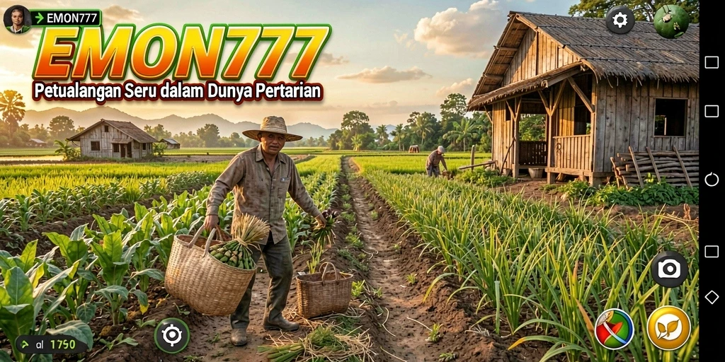 Tangkapan layar gameplay EMON777 menunjukkan aktivitas bertani yang seru.