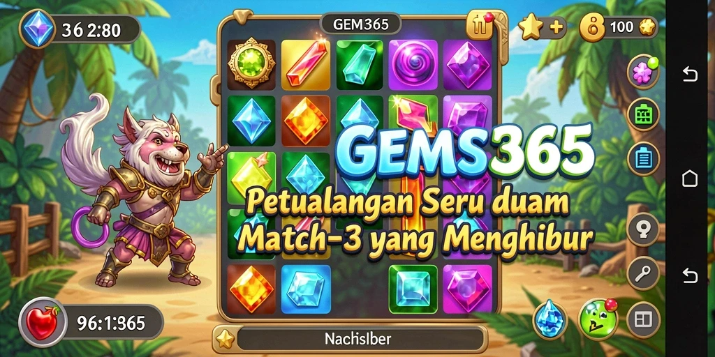 Gameplay seru dalam GEMS365 dengan batu permata berwarna-warni.