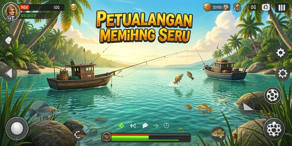 Screenshot menunjukkan pemain menangkap ikan besar di danau.