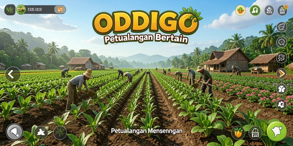 Tampak gameplay ODDIGO dengan pertanian yang penuh warna.